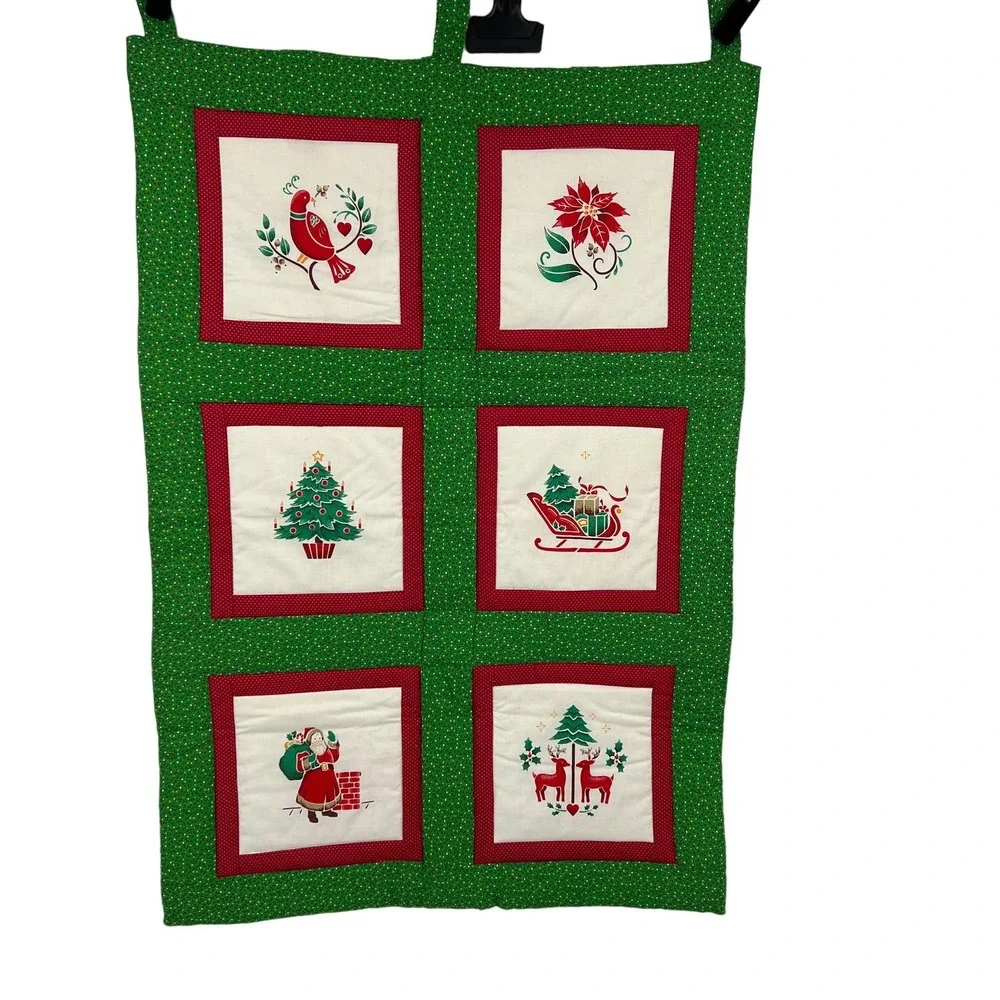 Vintage Handmade Square Quilt Christmas Sleigh Santa Reindeer‎ Poinsettia